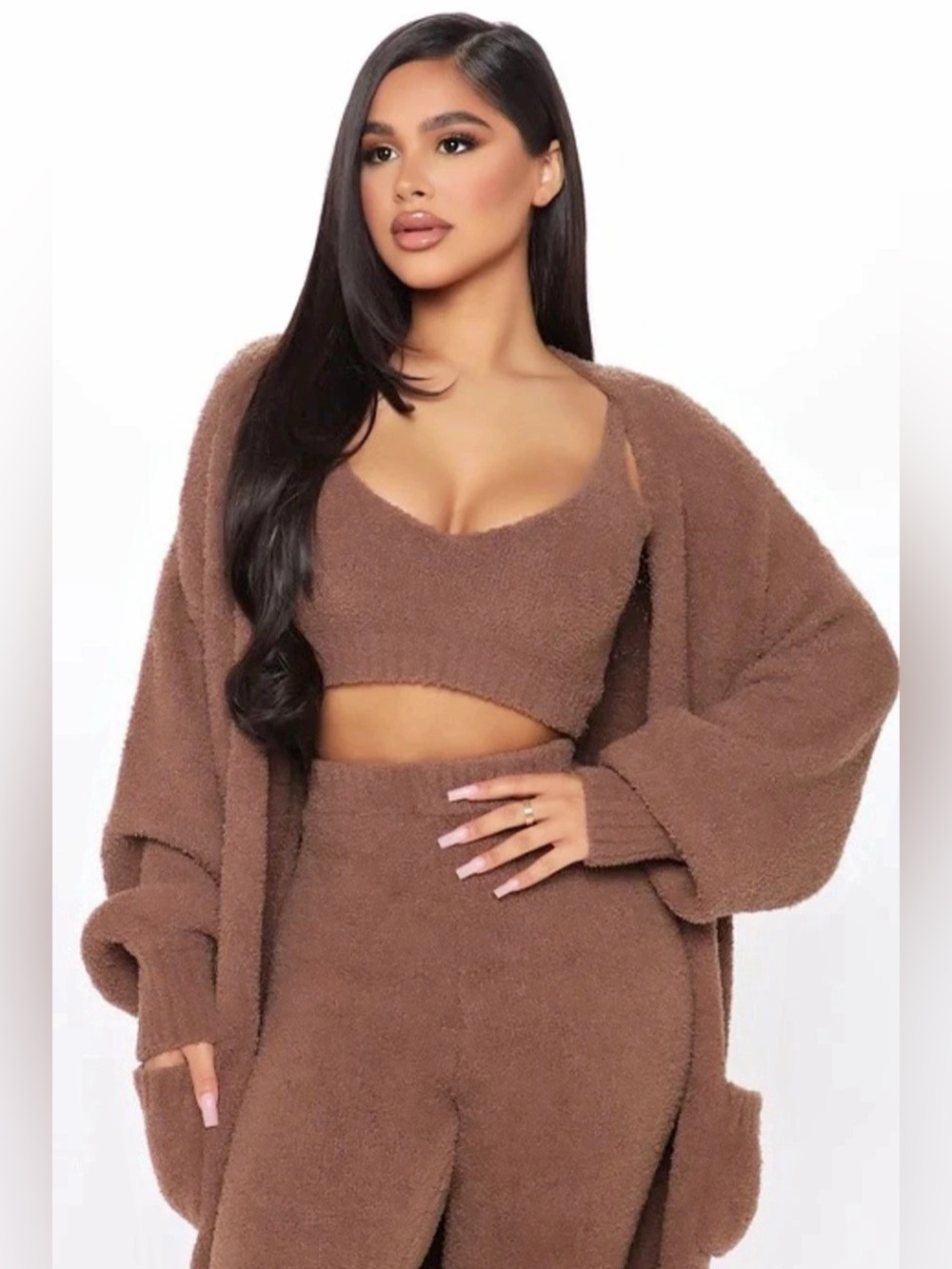 Fashion Nova Living So Cozy 3 Piece Legging Set Brown Cardigan, Pants, Bralette